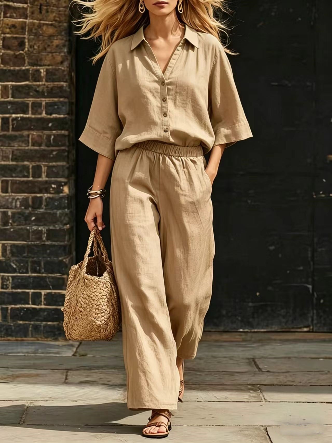 Short-Sleeve Shirt & Loose Pants Set – Casual Two-Piece FitiqueFit