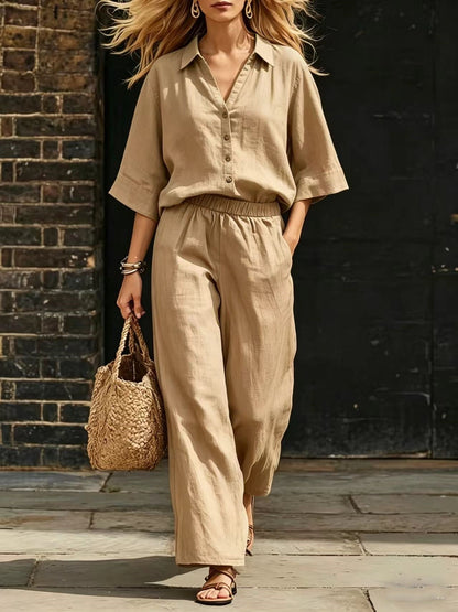 Short-Sleeve Shirt & Loose Pants Set – Casual Two-Piece FitiqueFit