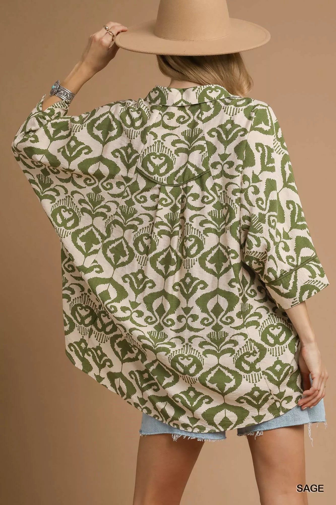 Umgee Abstract Print Button-Up Oversized Shirt FitiqueFit