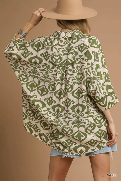 Umgee Abstract Print Button-Up Oversized Shirt FitiqueFit