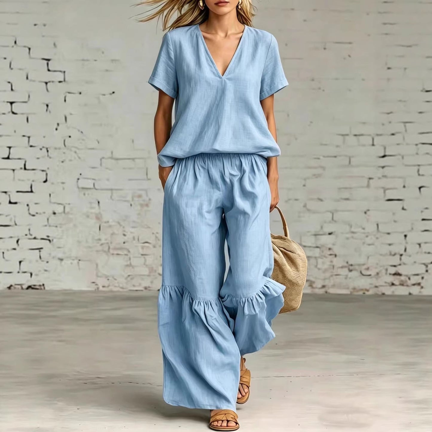 V-Neck Loose Short-Sleeve Top & Pants Set – 7 Colors, S–5XL FitiqueFit