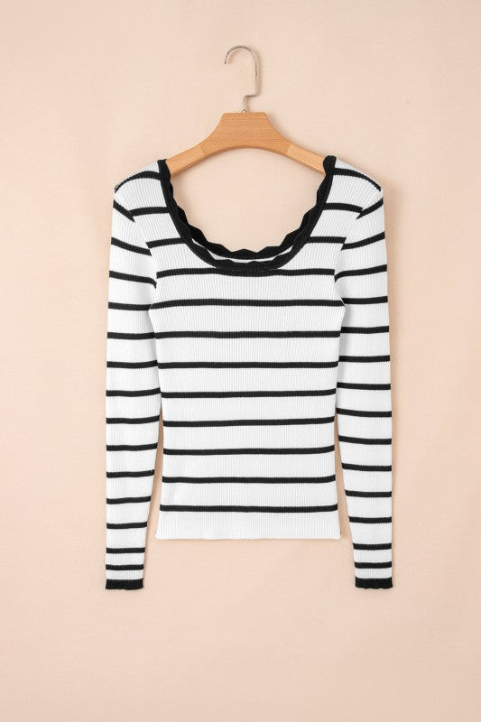 Stripe Scalloped Scoop Neck Ribbed Knit Sweater Shop Style & More | Fresh Looks, Everyday Deals & Free Shipping