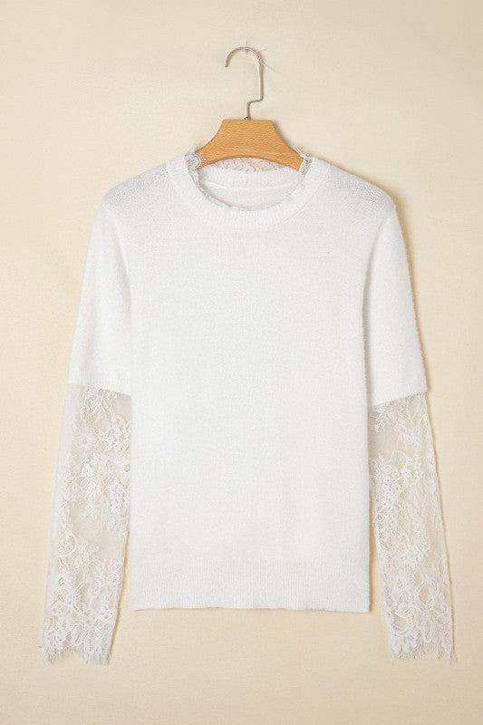 Lace Patchwork Sleeve Faux Two-Piece Fuzzy Sweater Shop Style & More | Fresh Looks, Everyday Deals & Free Shipping