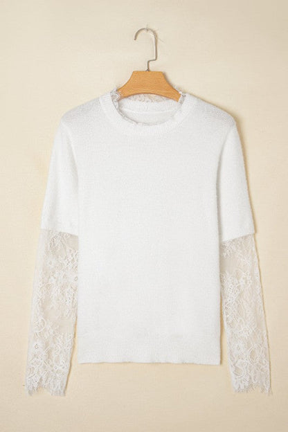 Lace Patchwork Sleeve Faux Two-Piece Fuzzy Sweater Shop Style & More | Fresh Looks, Everyday Deals & Free Shipping