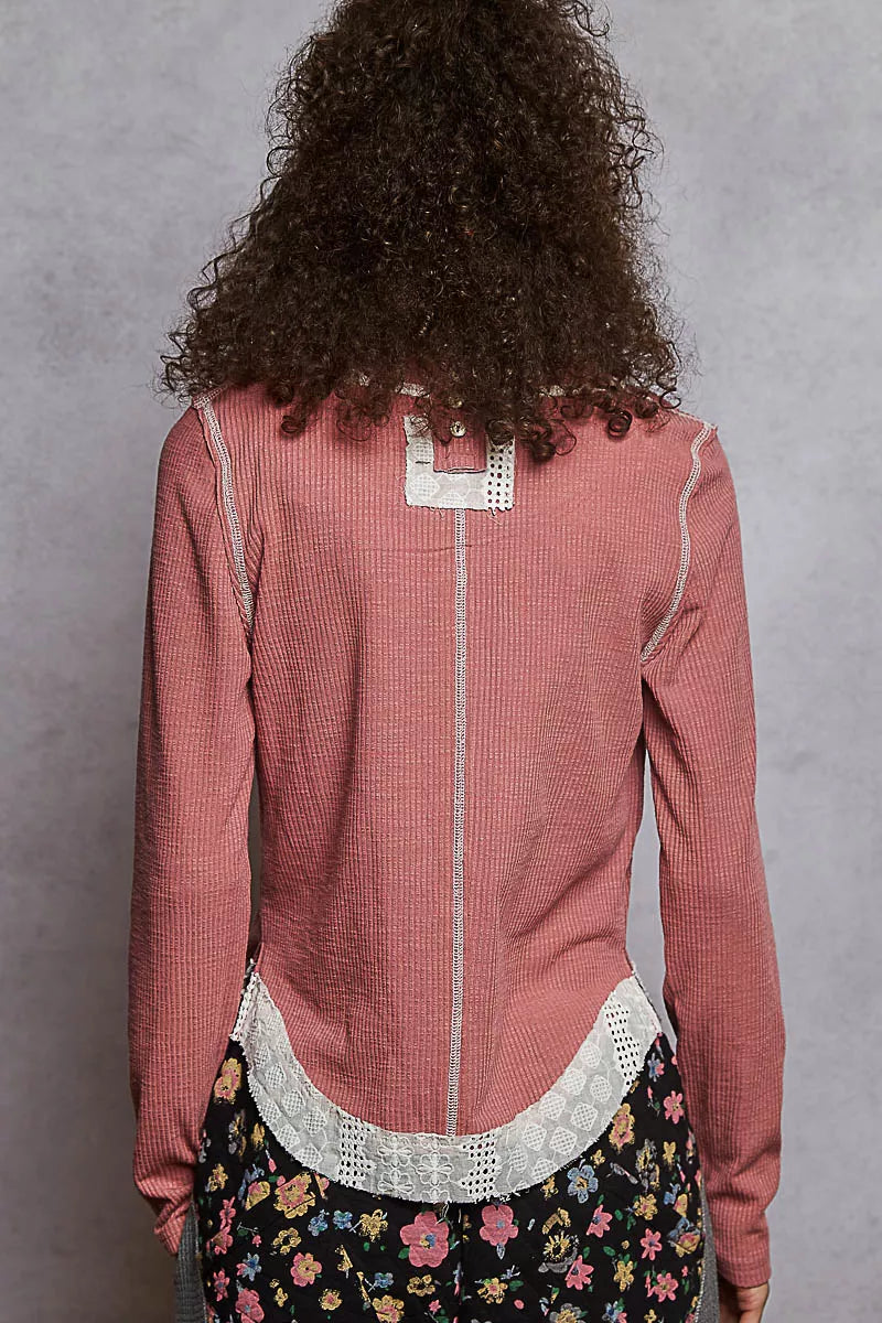 POL Contrast Round Neck Long Sleeve Ribbed Top with Eyelet Patch West2East Surf