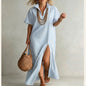 Women's Striped Slit Cotton-Linen Maxi Dress – V-Neck Short Sleeve FitiqueFit