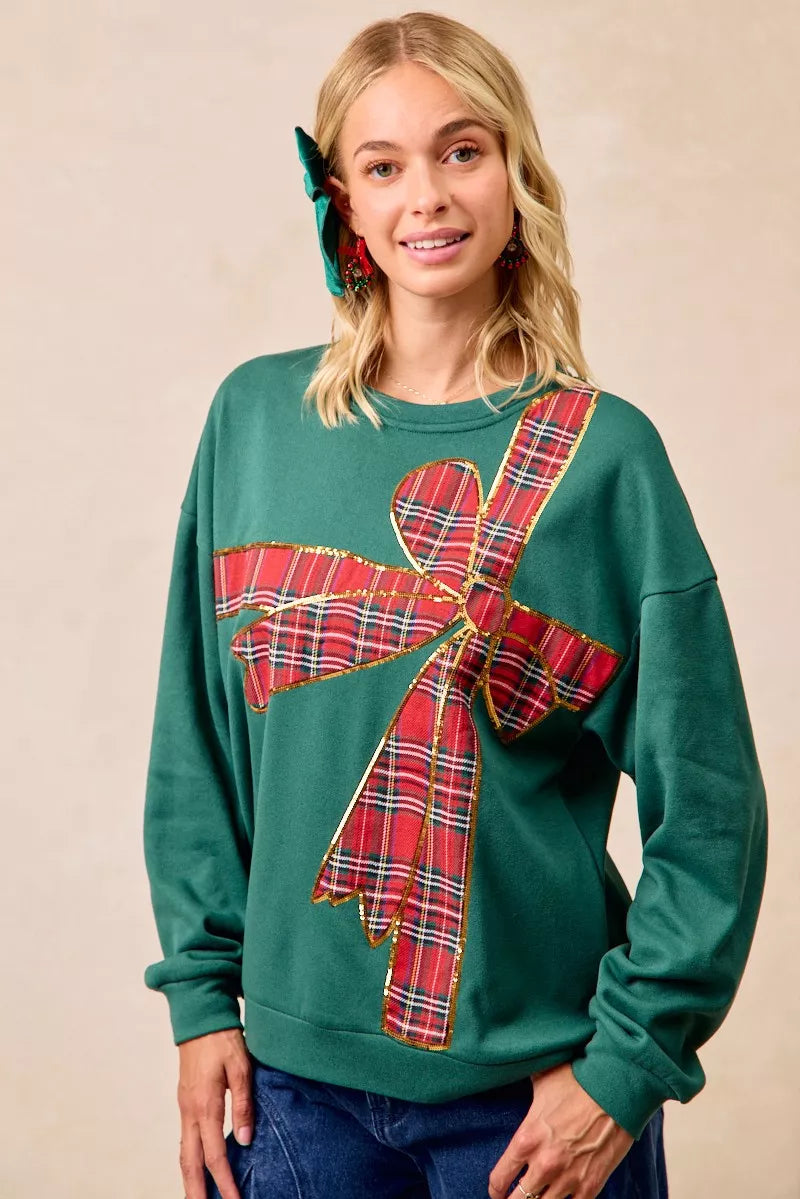 BiBi Plaid Ribbon Bow Detail Christmas Fleece Pullover FitiqueFit