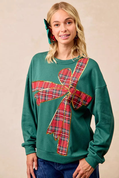 BiBi Plaid Ribbon Bow Detail Christmas Fleece Pullover FitiqueFit