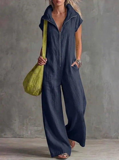 Women's Loose Sleeveless Jumpsuit with Pockets – Linen-Look FitiqueFit