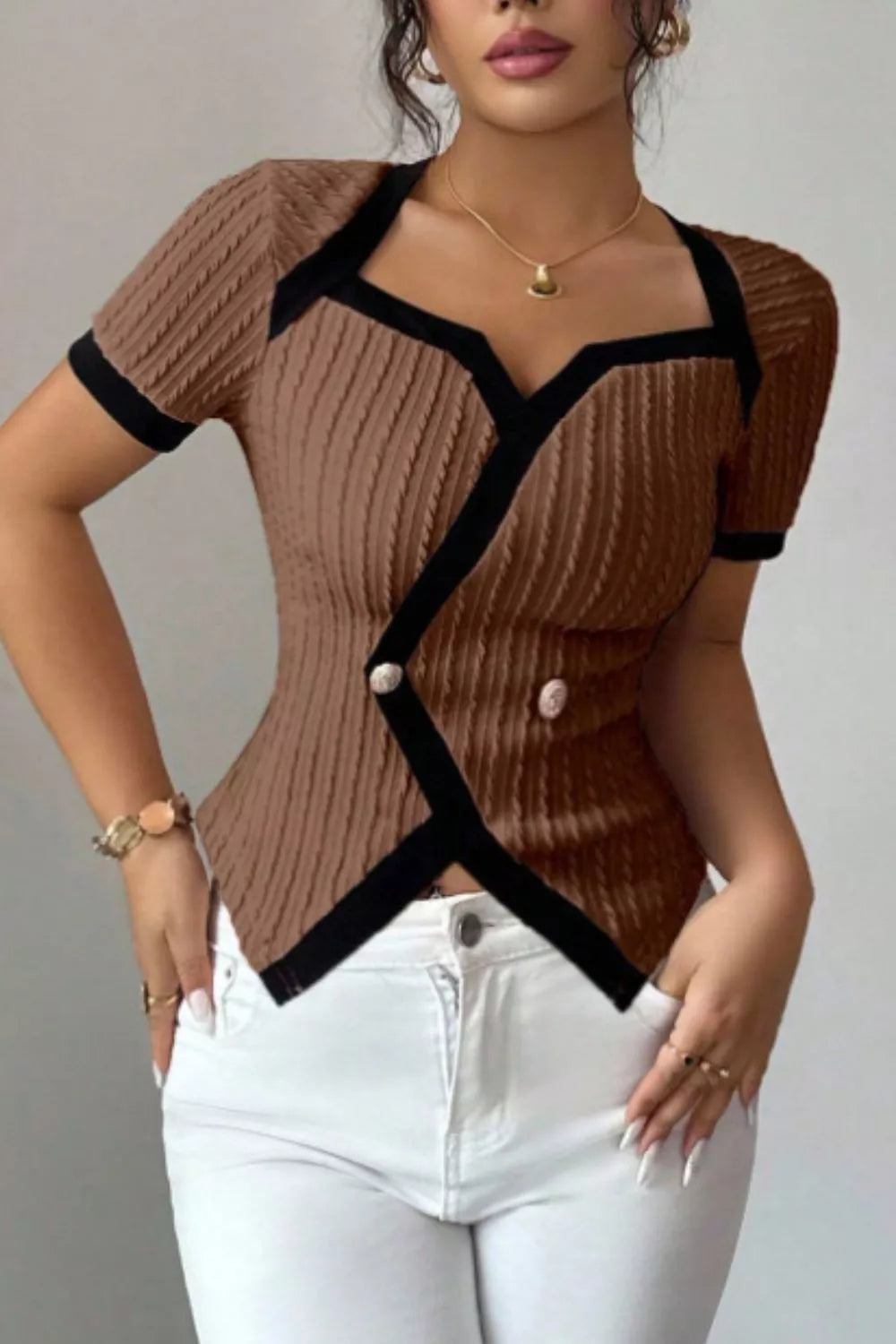Contrast Trim Short Sleeve Top New Era Fashion LLc