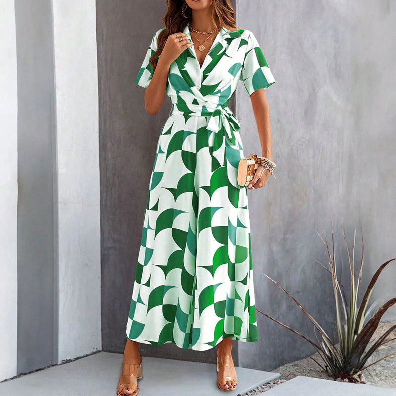 Women's Geometric Print Lace-Up Shirt Jumpsuit – Wide-Leg High-Waist Boho FitiqueFit