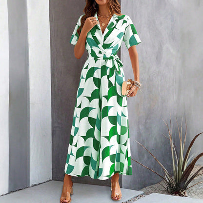 Women's Geometric Print Lace-Up Shirt Jumpsuit – Wide-Leg High-Waist Boho FitiqueFit