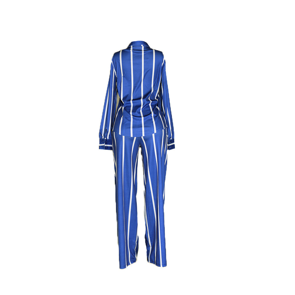 Women's Striped Print Two-piece Set - Button Front Collar Long Sleeve Shirt & High Waist Wide Leg Loose Pants Set - Casual Style - For Women - Perfect for Everyday Wear & Loungewear - Great Gift for Fashionable Women NovaCart