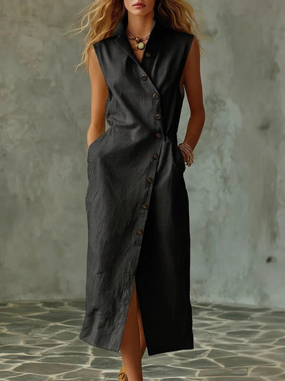 Women's Slim-Fit Sleeveless Stand Collar Pleated Midi Dress FitiqueFit