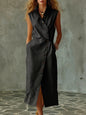 Women's Slim-Fit Sleeveless Stand Collar Pleated Midi Dress FitiqueFit