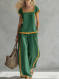 Square-Neck Three-Quarter Sleeve Loose Top & Pants Two-Piece Set FitiqueFit