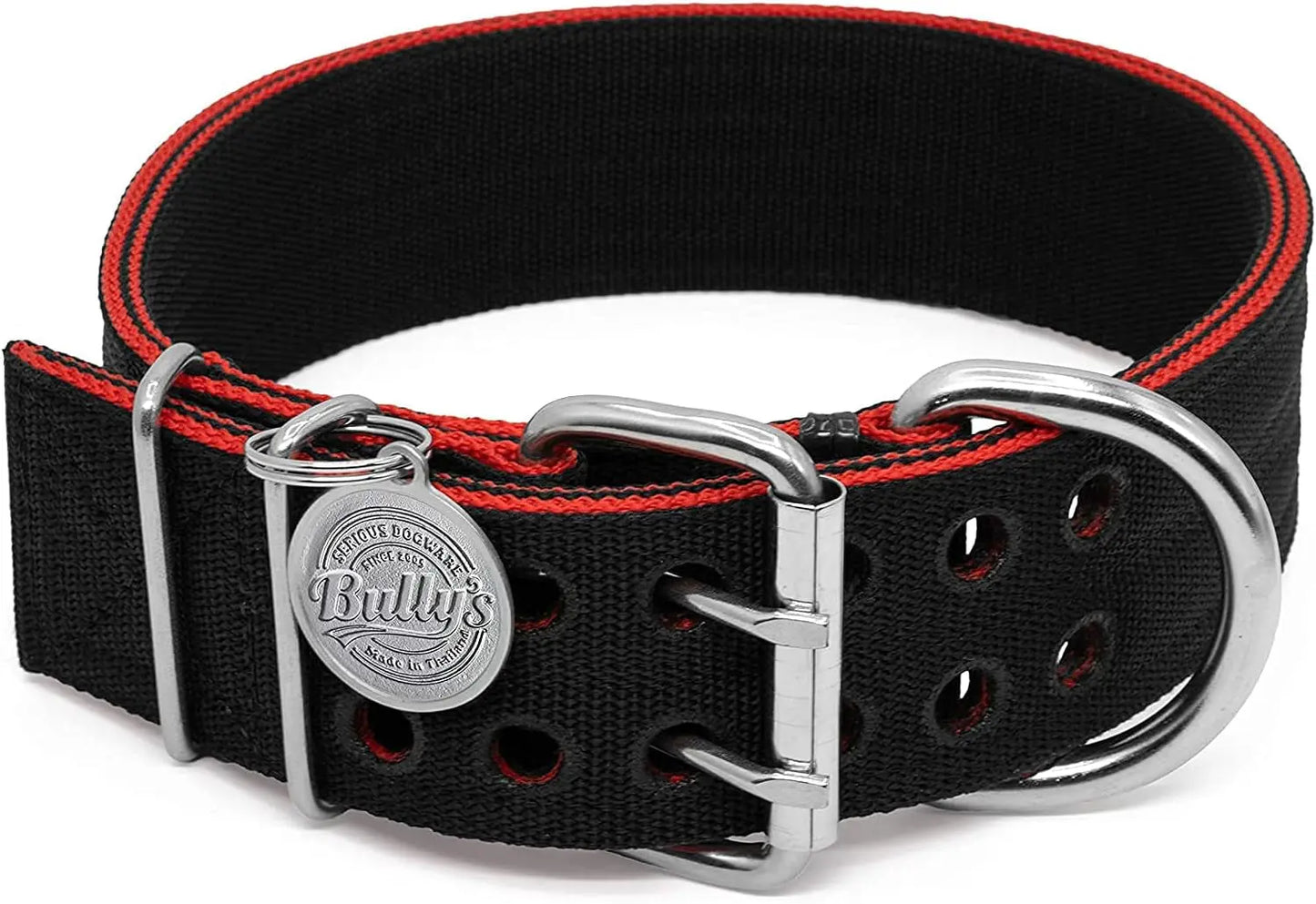Ultimate Heavy Duty Pit Bull Dog Collar - Premium Nylon with Stainless Steel Hardware, Black & Red Trim (Medium, 2" Wide)