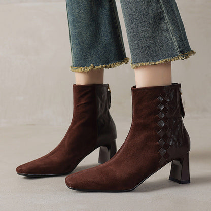 Women's Sheepskin Square Toe Chunky Heel Ankle Boots – Korean Patchwork Style FitiqueFit