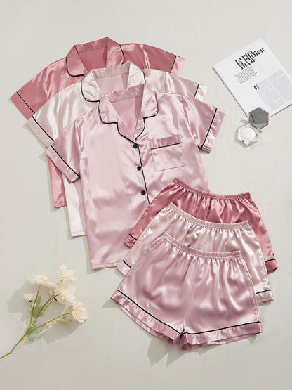 [Three Suits] Multicolor Variety of Short-sleeved Shorts Solid Color Imitation Y Satin PJ Set Women's Two-piece Suit NovaCart