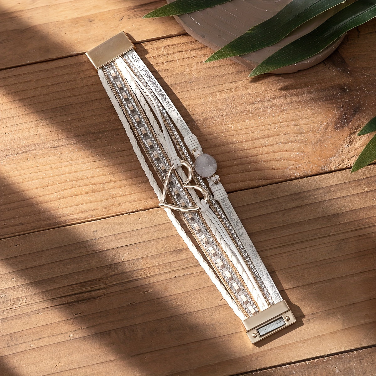 [Bohemian Heart Stone Bracelet] Bohemian Multi-Layer PU Leather Bracelet with Magnetic Clasp | Exaggerated Heart Stone Accent, Wide Cuff Statement Piece for Festival & Everyday, Style Layered Bangle - Year-Round Wear NovaCart