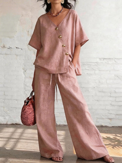 Women's Loose Cotton-Linen V-Neck Top & Wide-Leg Pants Set FitiqueFit