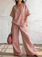 Women's Loose Cotton-Linen V-Neck Top & Wide-Leg Pants Set FitiqueFit