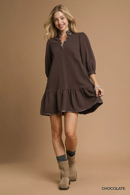 Umgee French Terry Ruffle Hem Dress with Plaid Trim West2East Surf