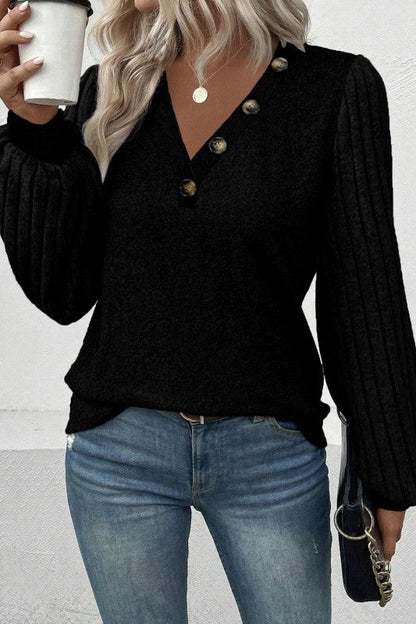 Buttoned V Neck Ribbed Puff Sleeve Top Shop Style & More | Fresh Looks, Everyday Deals & Free Shipping