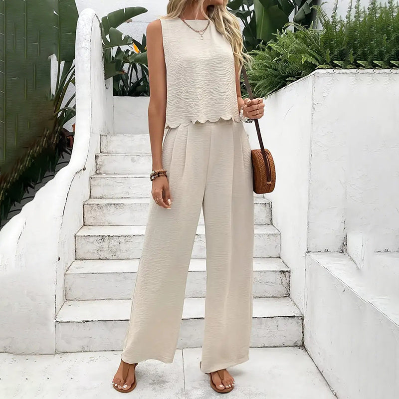 Elegant 2-Piece Matching Set, Sleeveless Crop Top And Wide Leg Pants Outfits FitiqueFit