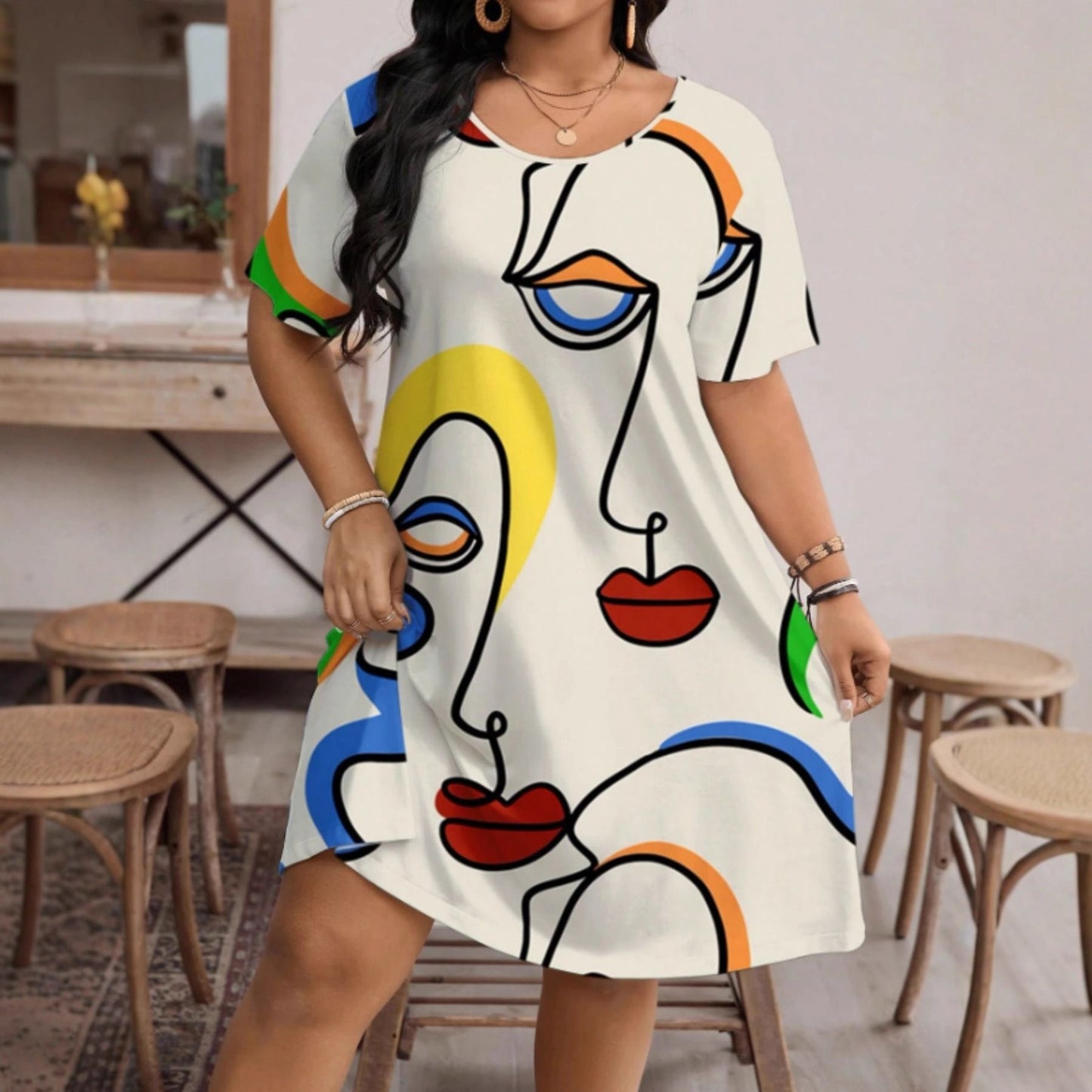Women’s Casual Printed Round Neck Short Sleeve Dress FitiqueFit