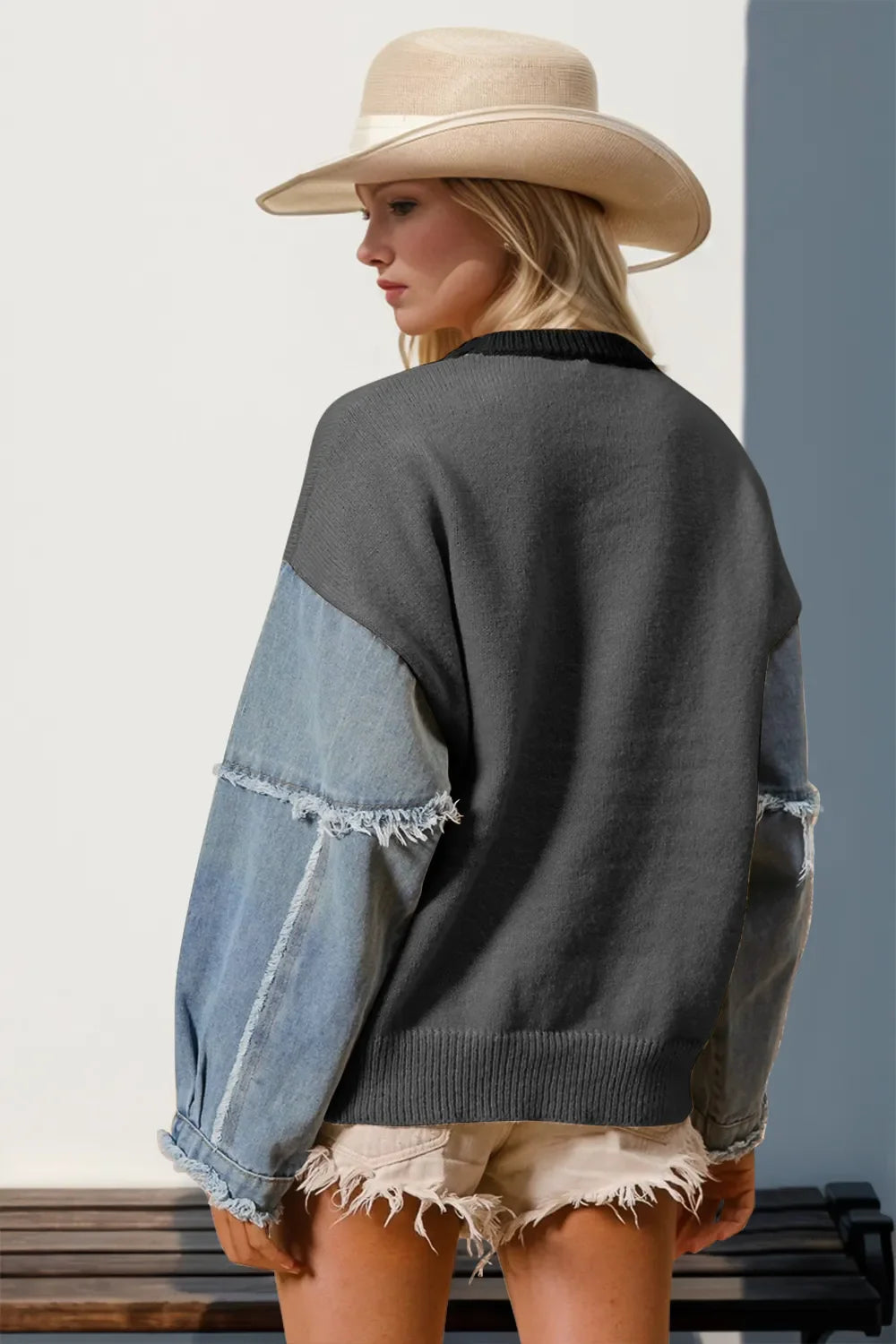 Double Take Star-Pattern Raw-Edge Long Sleeve Sweater FitiqueFit