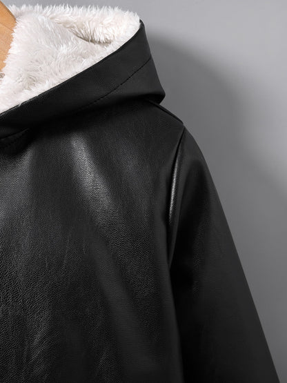 Boys' Faux Leather Jacket with Fleece Lining - Thickened Winter Coat, Full-Zip Front Closure, Machine Washable, Casual Style for Fall/Winter, Regular Fit NovaCart