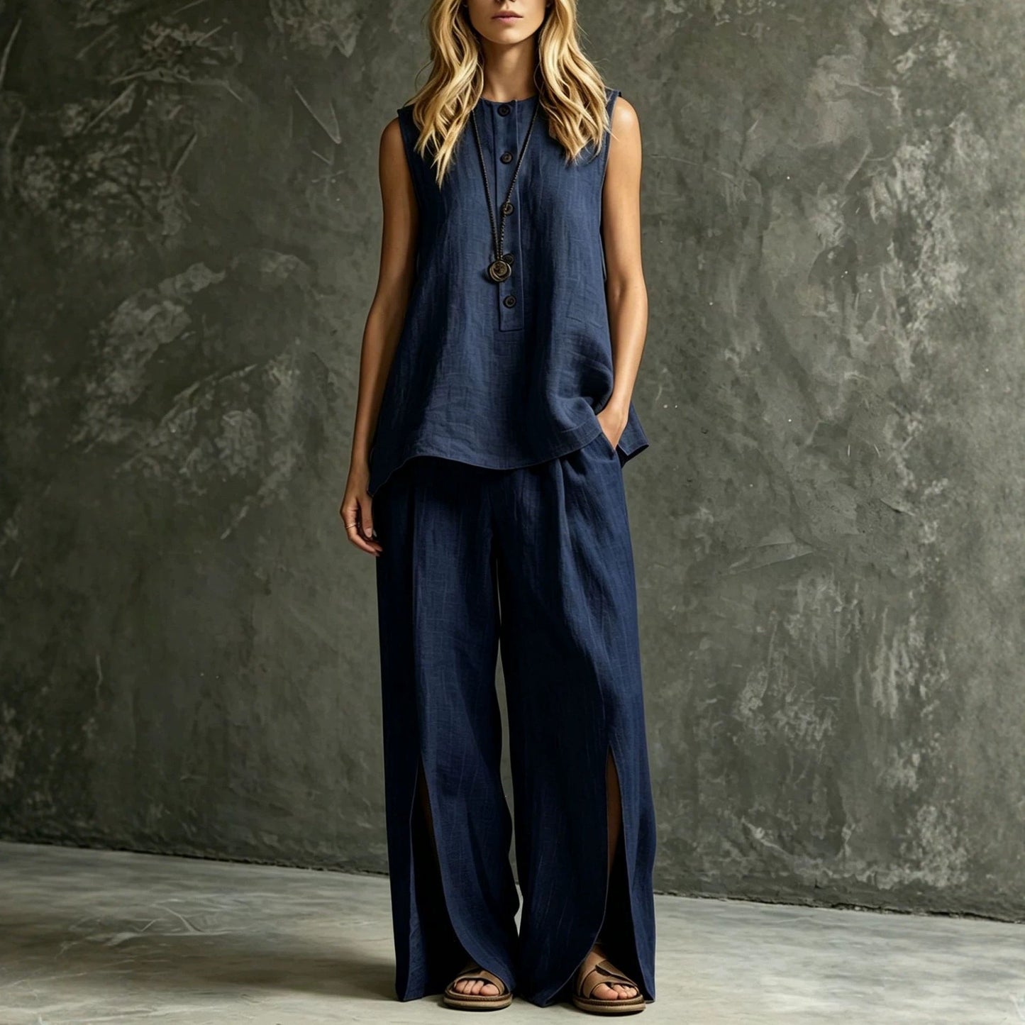 Women's Loose Sleeveless Tank Top & Slit Wide-Leg Pants Two-Piece Set FitiqueFit