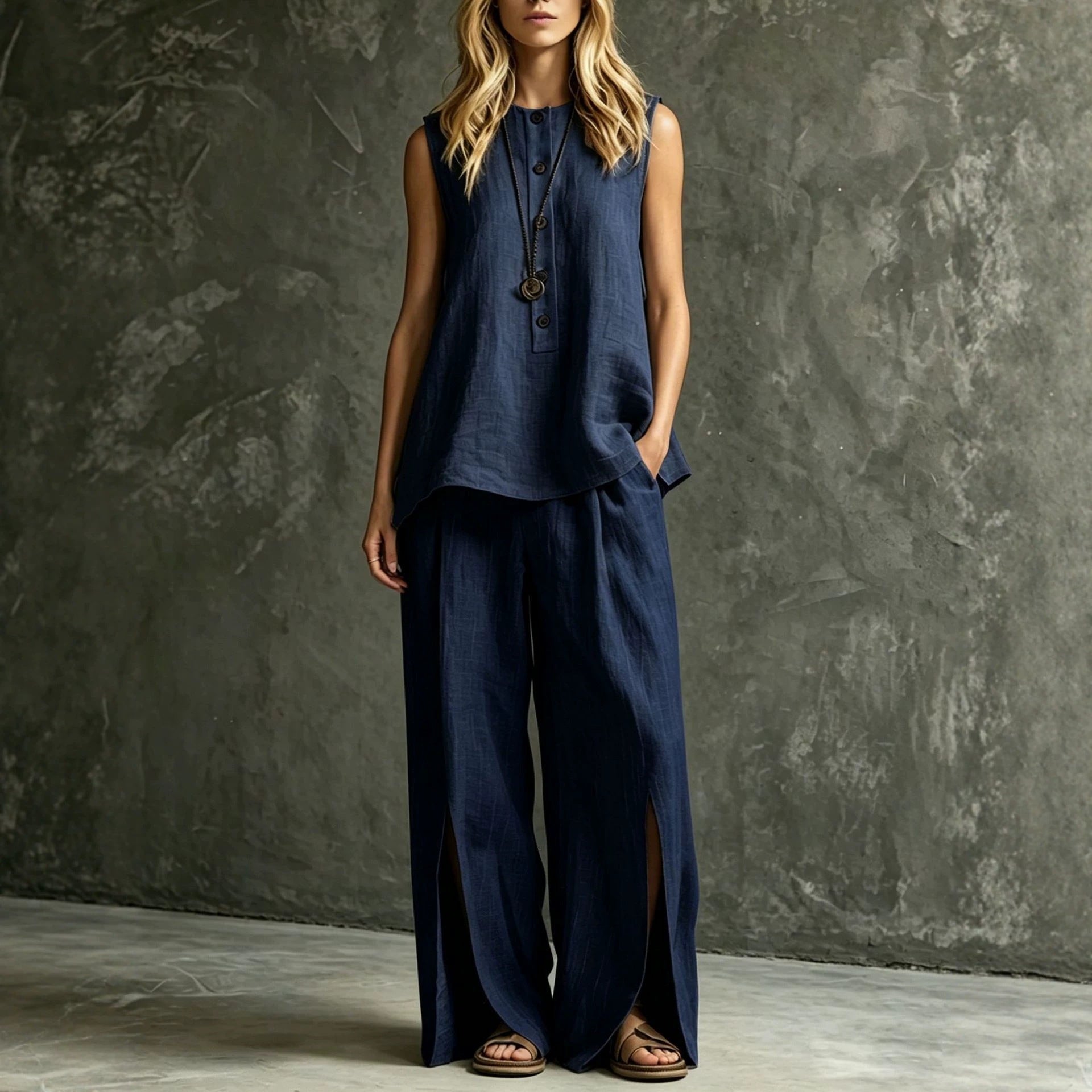 Women's Loose Sleeveless Tank Top & Slit Wide-Leg Pants Two-Piece Set FitiqueFit