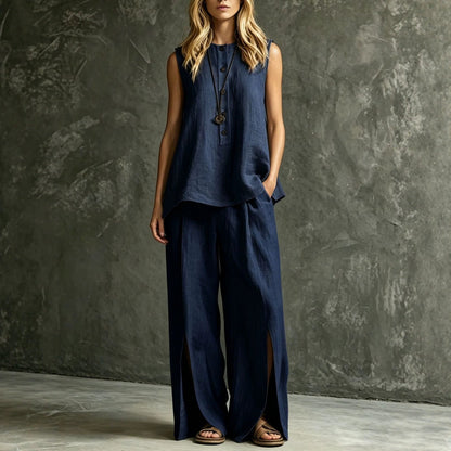 Women's Loose Sleeveless Tank Top & Slit Wide-Leg Pants Two-Piece Set FitiqueFit