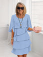 Patchwork Cake Midi Dress – Round Neck Short Sleeve Tiered Skirt FitiqueFit