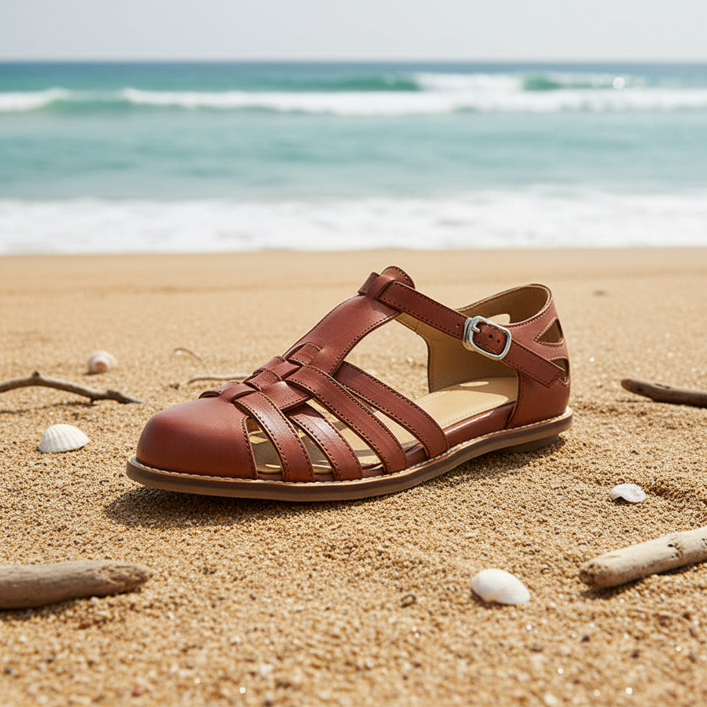 Women's Washed Full Grain Leather Fisherman Sandals – Closed-Toe Woven T-Strap FitiqueFit