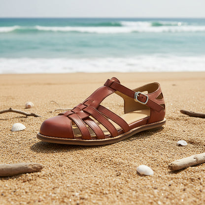 Women's Washed Full Grain Leather Fisherman Sandals – Closed-Toe Woven T-Strap FitiqueFit