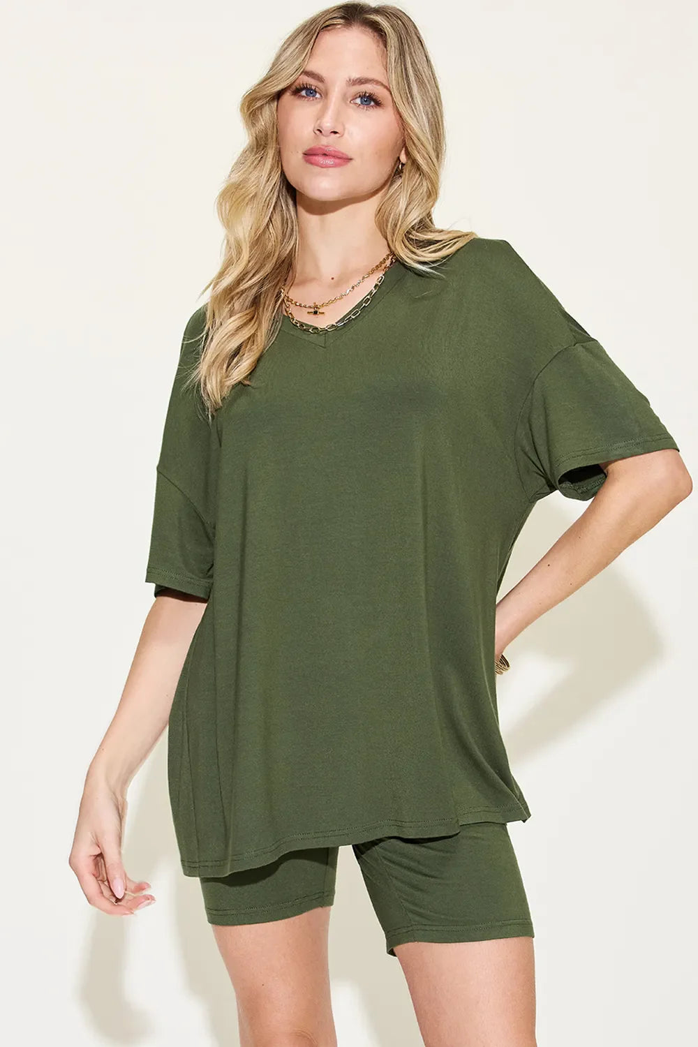Basic Bae Full Size V-Neck Drop Shoulder T-Shirt and Shorts Set New Era Fashion LLc