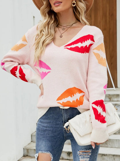 Colorful Lips V-Neck Sweater New Era Fashion LLc