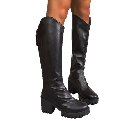 Women’s Thick High-Heel Knee-High Black Boots | Elegant Streetwear FitiqueFit