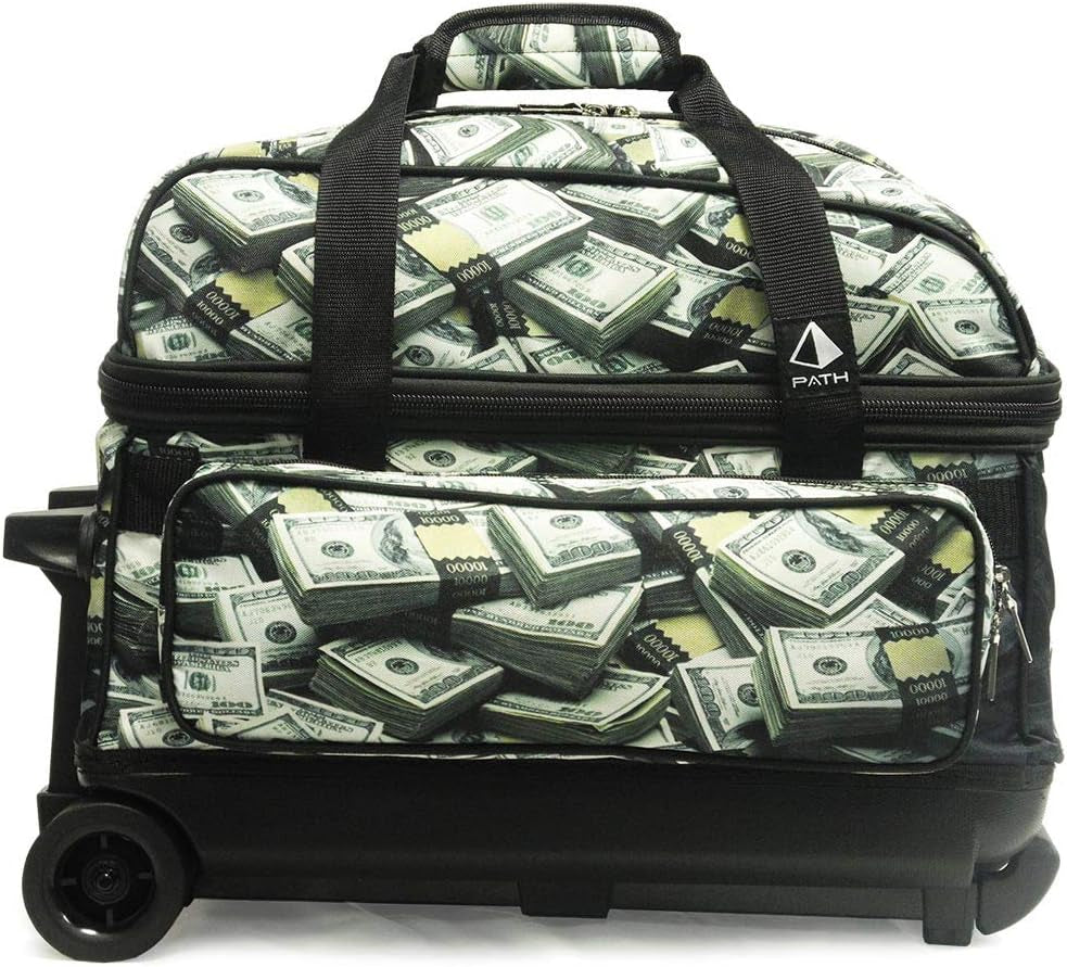 Deluxe Double Roller 2 Ball Bowling Bag with Large Separate Shoe Compartment (Up to 2 Pairs of Shoes) and Accessory Pockets, Sturdy Square Handle - Extends to 40" - Pro Options Available