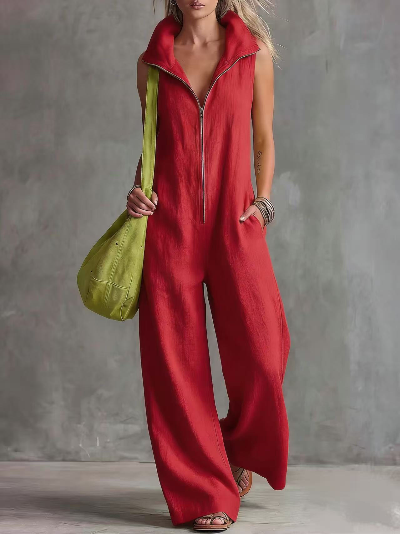 Women's Loose Sleeveless Jumpsuit with Pockets – Linen-Look FitiqueFit