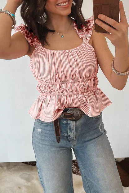Striped Ruffle Sleeve Smocked Blouse New Era Fashion LLc