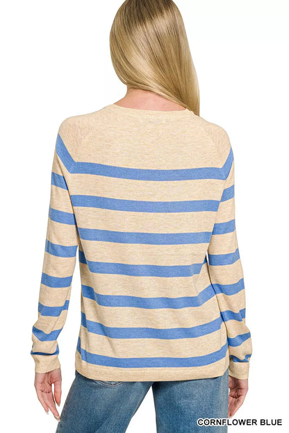 Zenana Lightweight Wool Blend Striped Round Neck Sweater New Era Fashion LLc