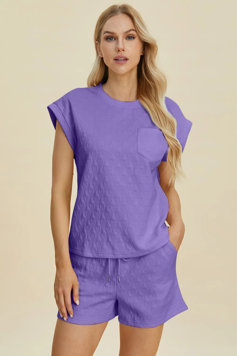 Double Take Full Size Pocketed Texture Round Neck Top and Shorts Set West2East Surf