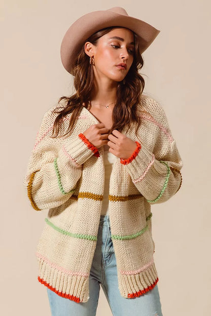 SO ME Loose Fit Multi Stripe Open Front Cardigan FitiqueFit