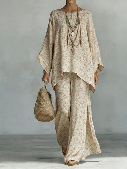 Floral Print Bamboo Linen Two-Piece Set | Wide-Leg Pants FitiqueFit