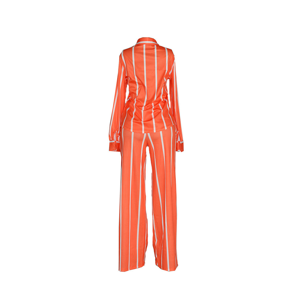 Women's Striped Print Two-piece Set - Button Front Collar Long Sleeve Shirt & High Waist Wide Leg Loose Pants Set - Casual Style - For Women - Perfect for Everyday Wear & Loungewear - Great Gift for Fashionable Women NovaCart