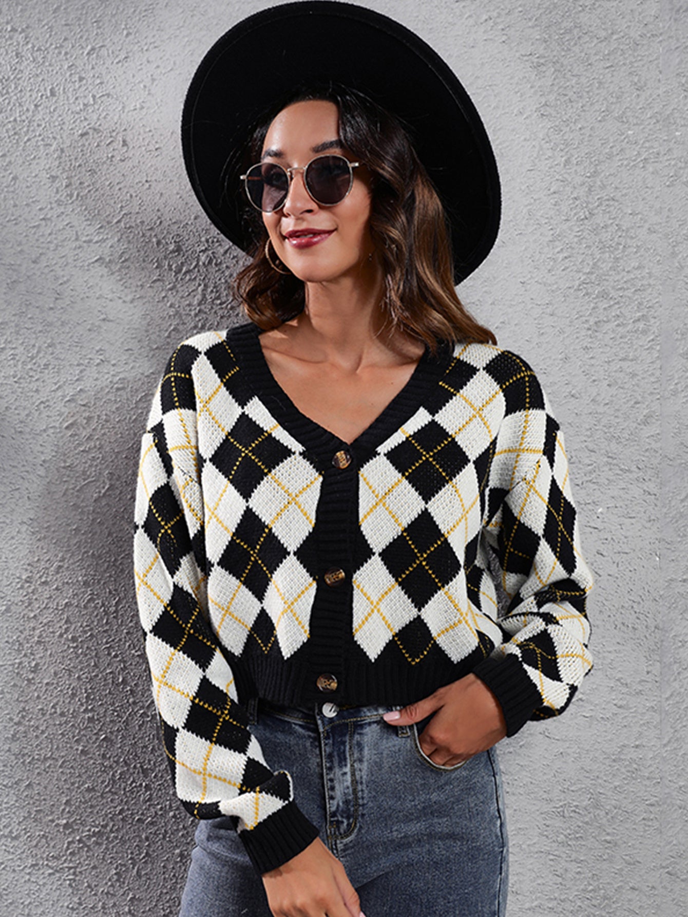 Women'S Elegant Tartan Knit Cardigan, V-Neck Short Length Sweater with Button Detail, Acrylic 100% Long Sleeve Knitwear for Fall/Winter NovaCart